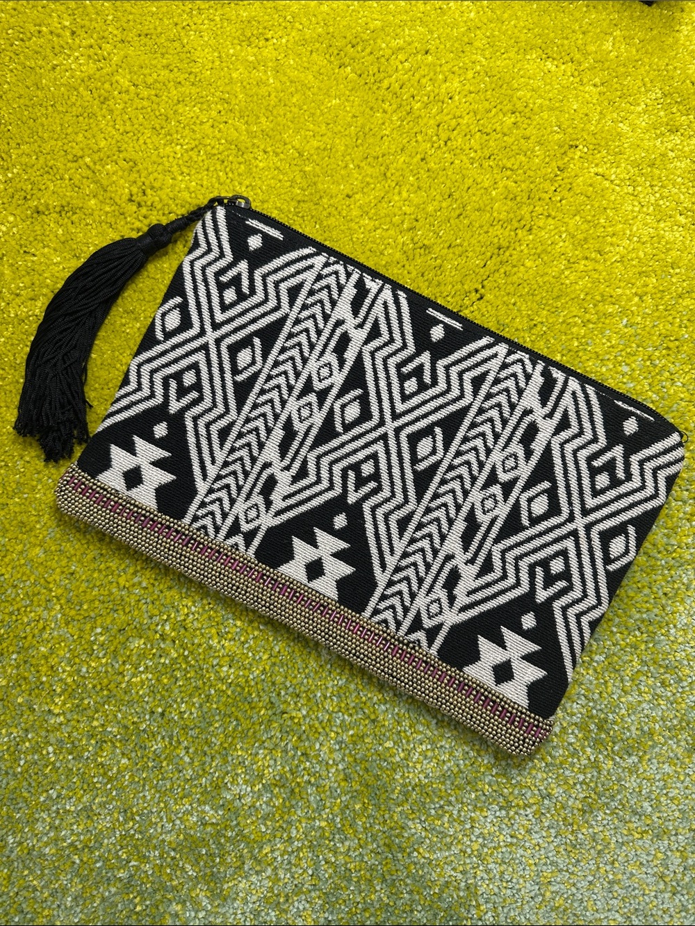 Oysho Beaded Clutch with Black Tassel & Zipper